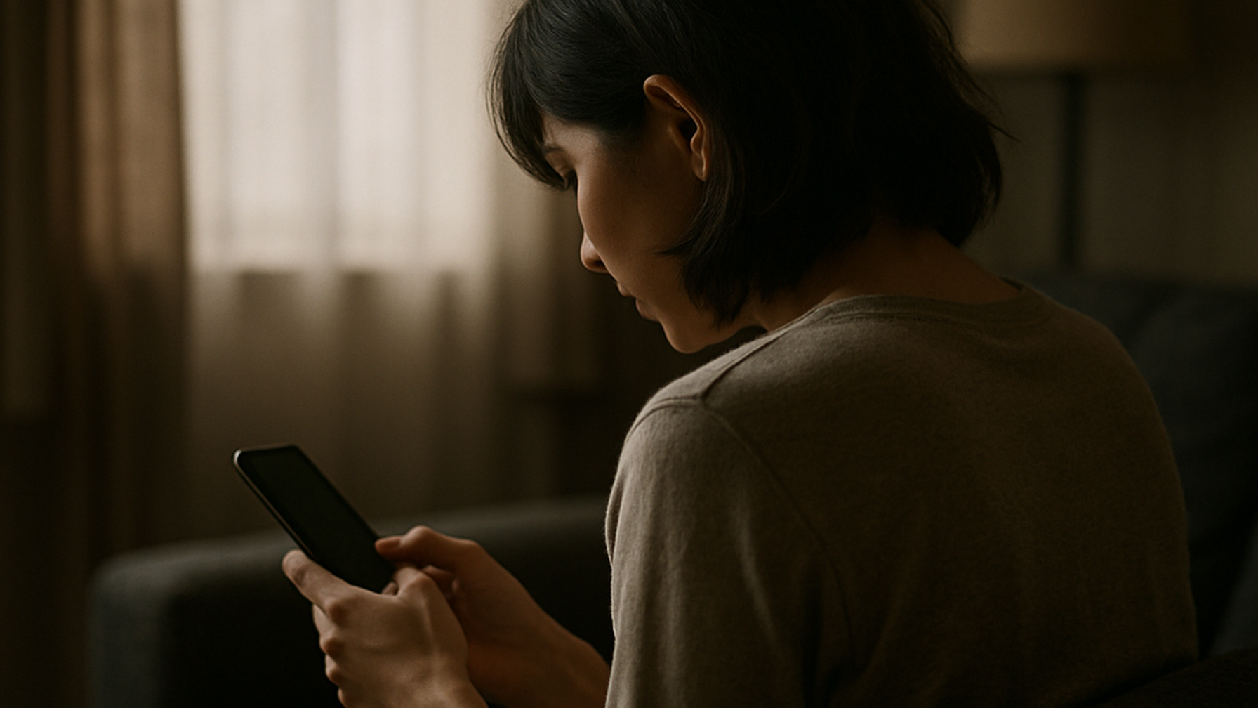 ソファで一人スマートフォンを見つめる女性の後ろ姿