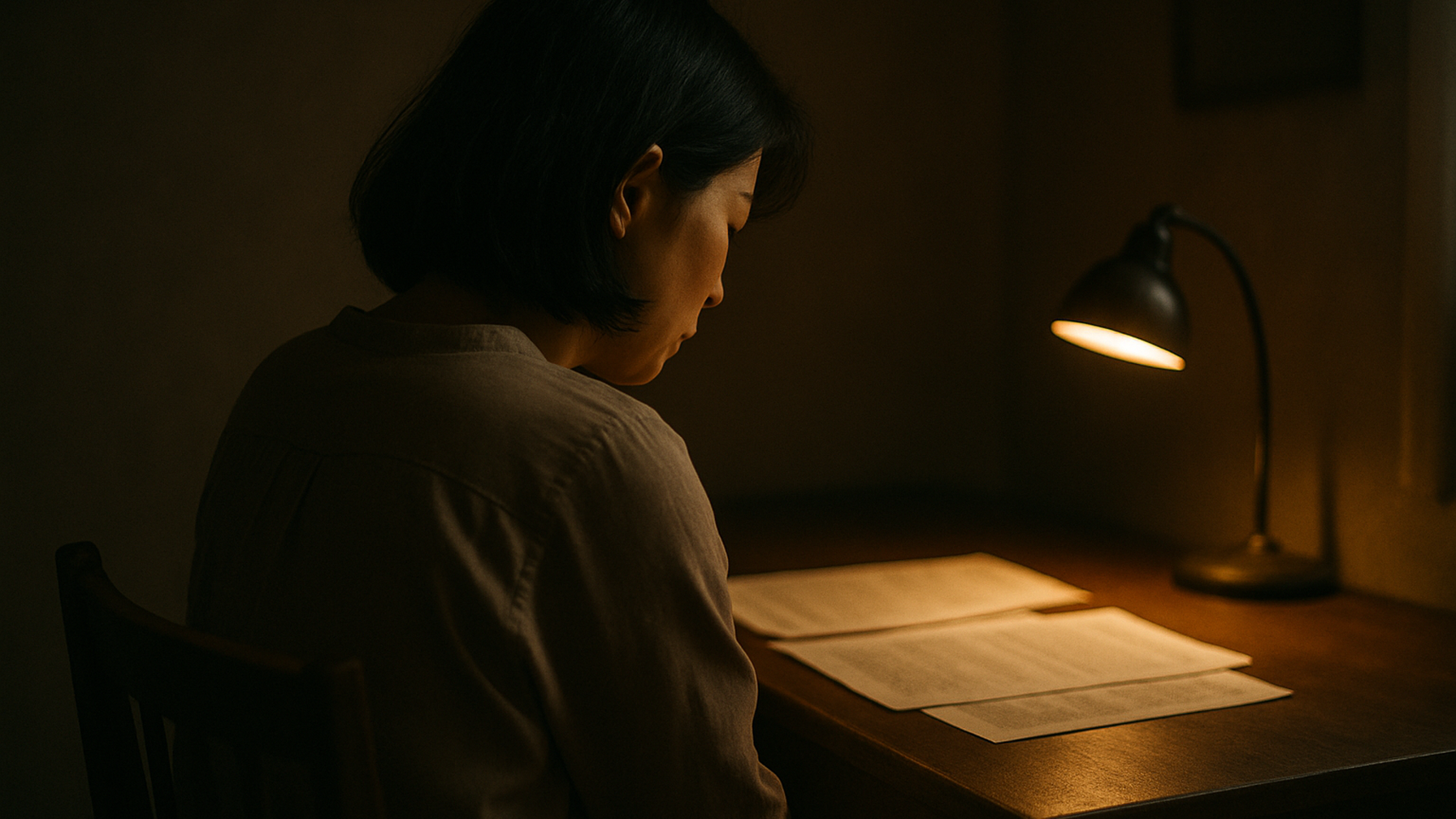 落ち着いた部屋で資料を前に一人で考え込む女性の後ろ姿