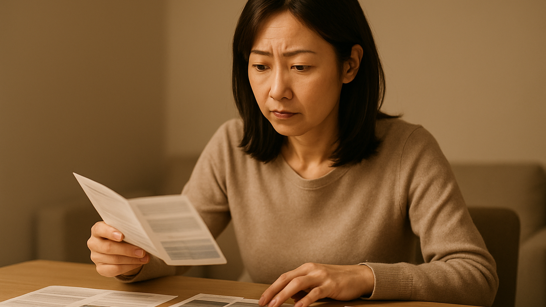 複数の探偵事務所の資料を比較検討する女性——依頼先選びの慎重な場面