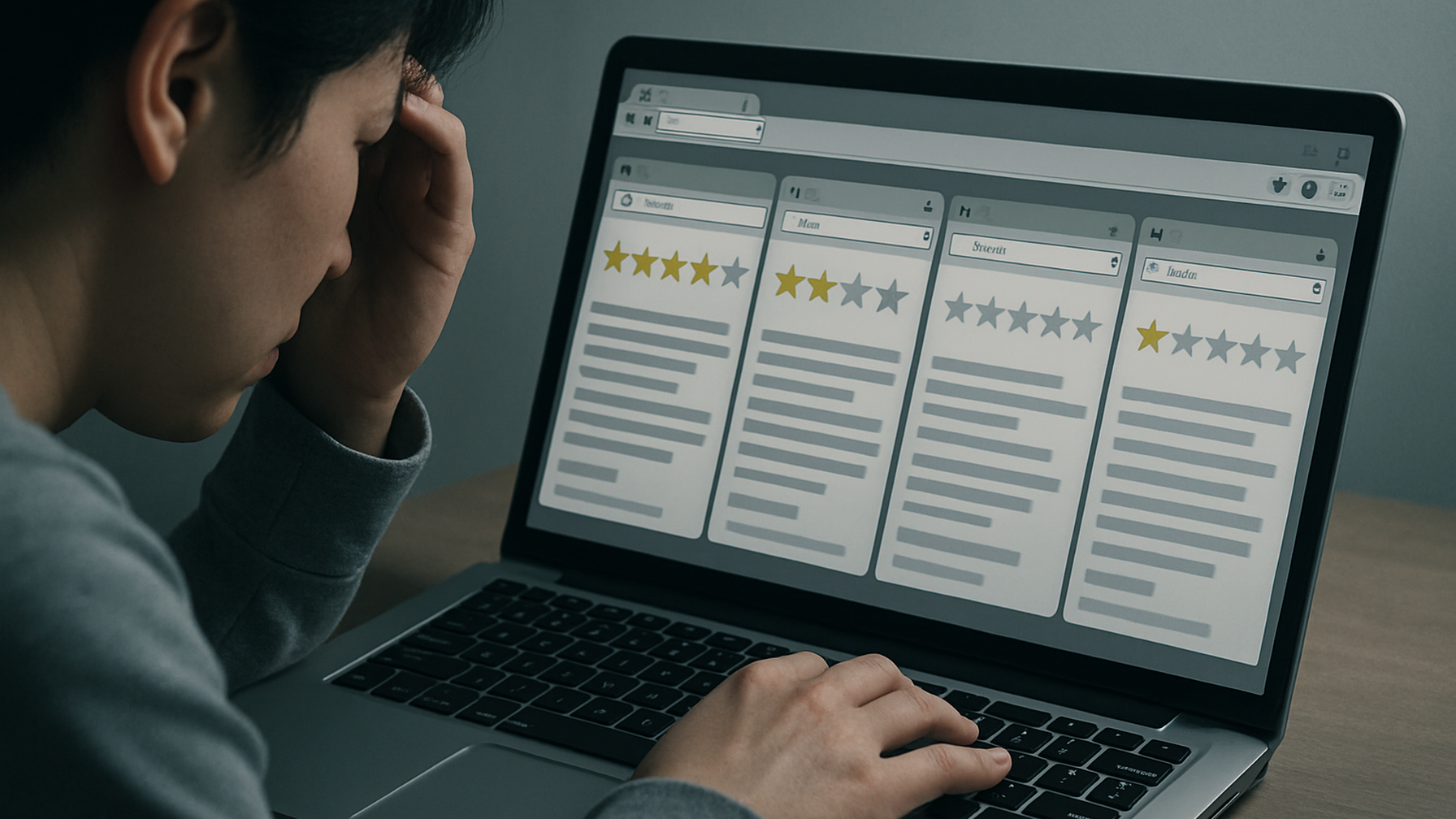 口コミサイトを見て情報過多に戸惑う人物——ネット情報だけで選ぶリスク
