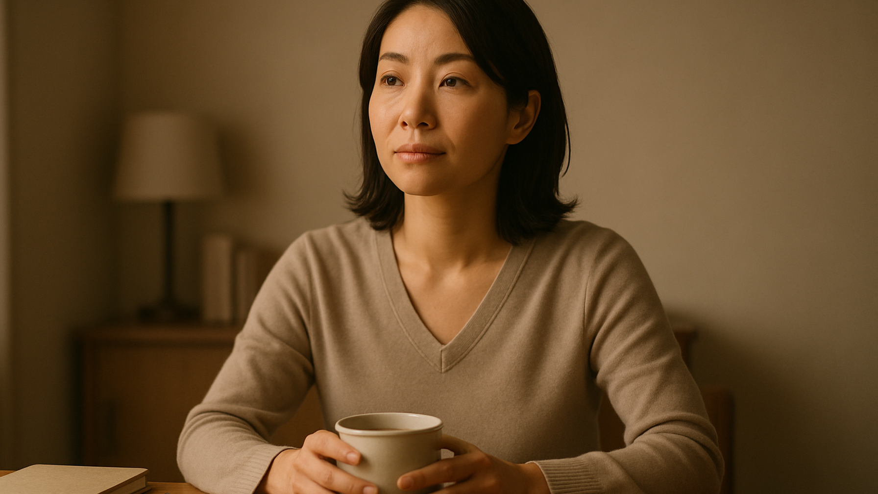 穏やかな表情でお茶を飲む女性——決断を終えた安堵と前向きな一歩