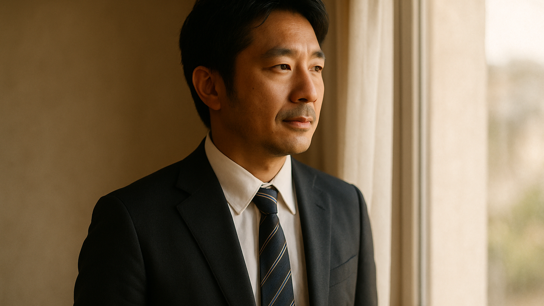 窓の外を見つめる男性——決断を終えた静かな覚悟と前向きな一歩