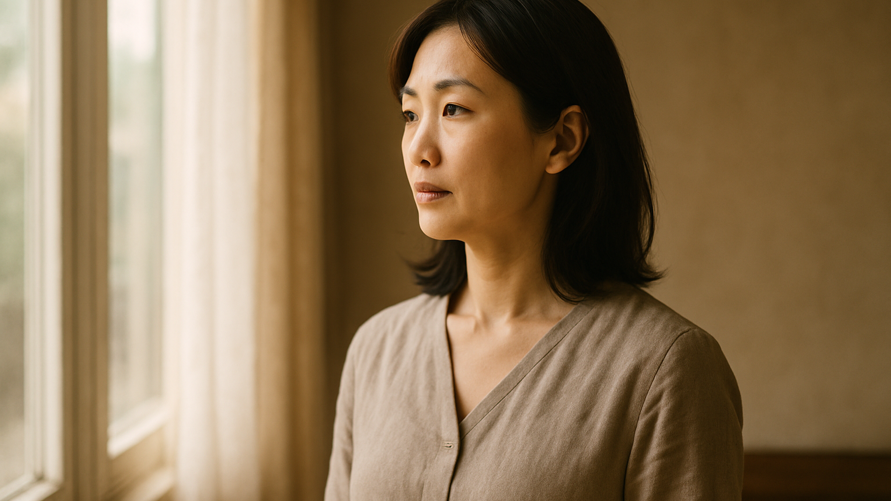 窓の外を見つめる女性——決断を終えた静かな覚悟と前向きな一歩