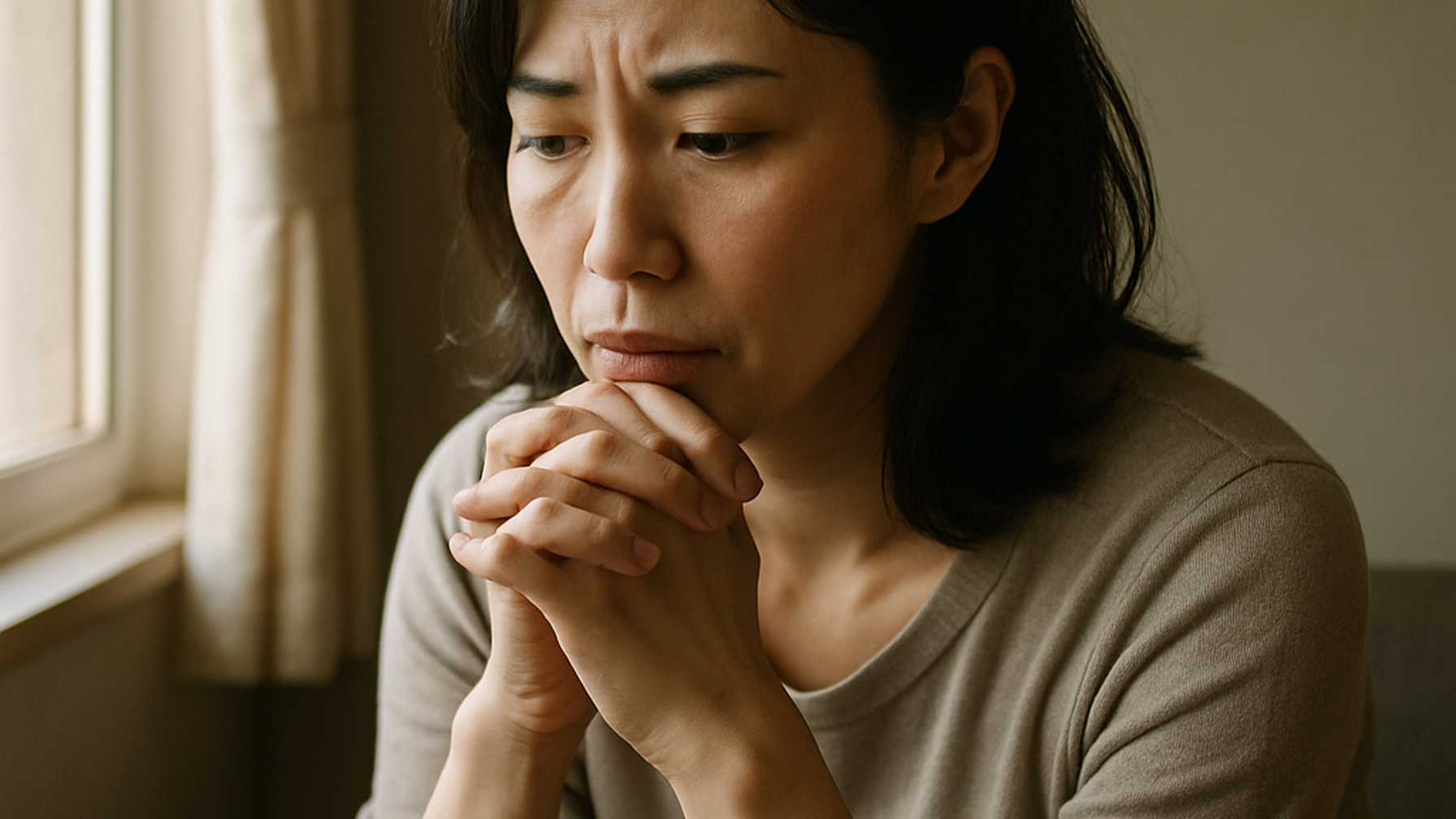 窓辺で一人思い悩む女性——パートナーへの疑念を抱えた瞬間