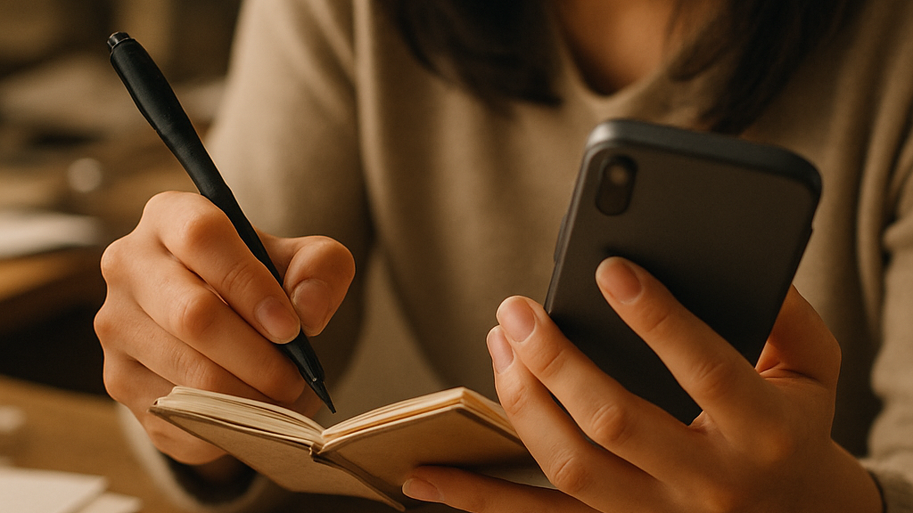 メモとスマホで記録しようとする女性の手元——自力調査の限界を示す場面