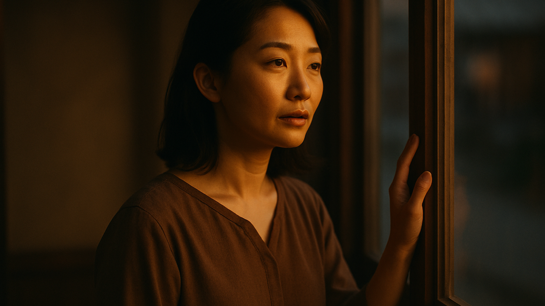 夕暮れの窓辺に静かに立つ女性——決断の瞬間を示す情景