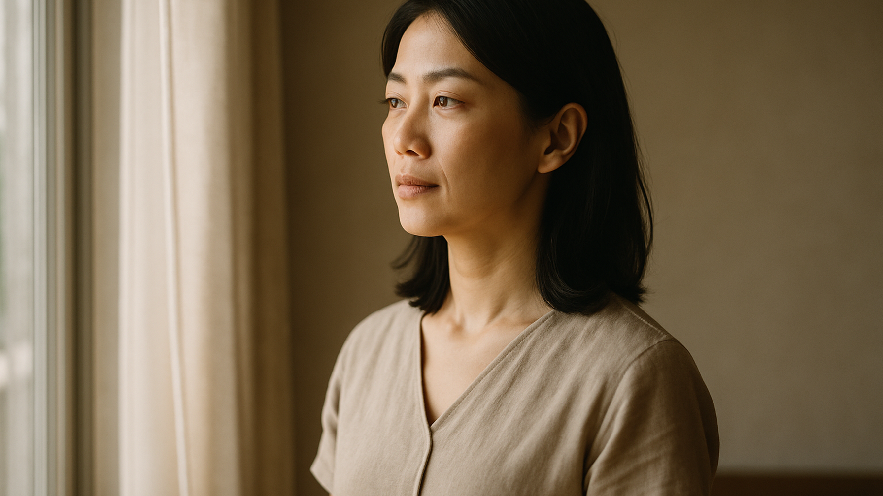 窓の外を見つめる女性——決断を終えた静かな覚悟と前向きな一歩