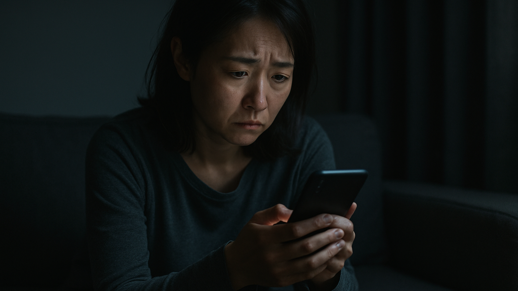 夜にソファで一人スマホを見つめる女性——浮気疑惑の孤独な不安