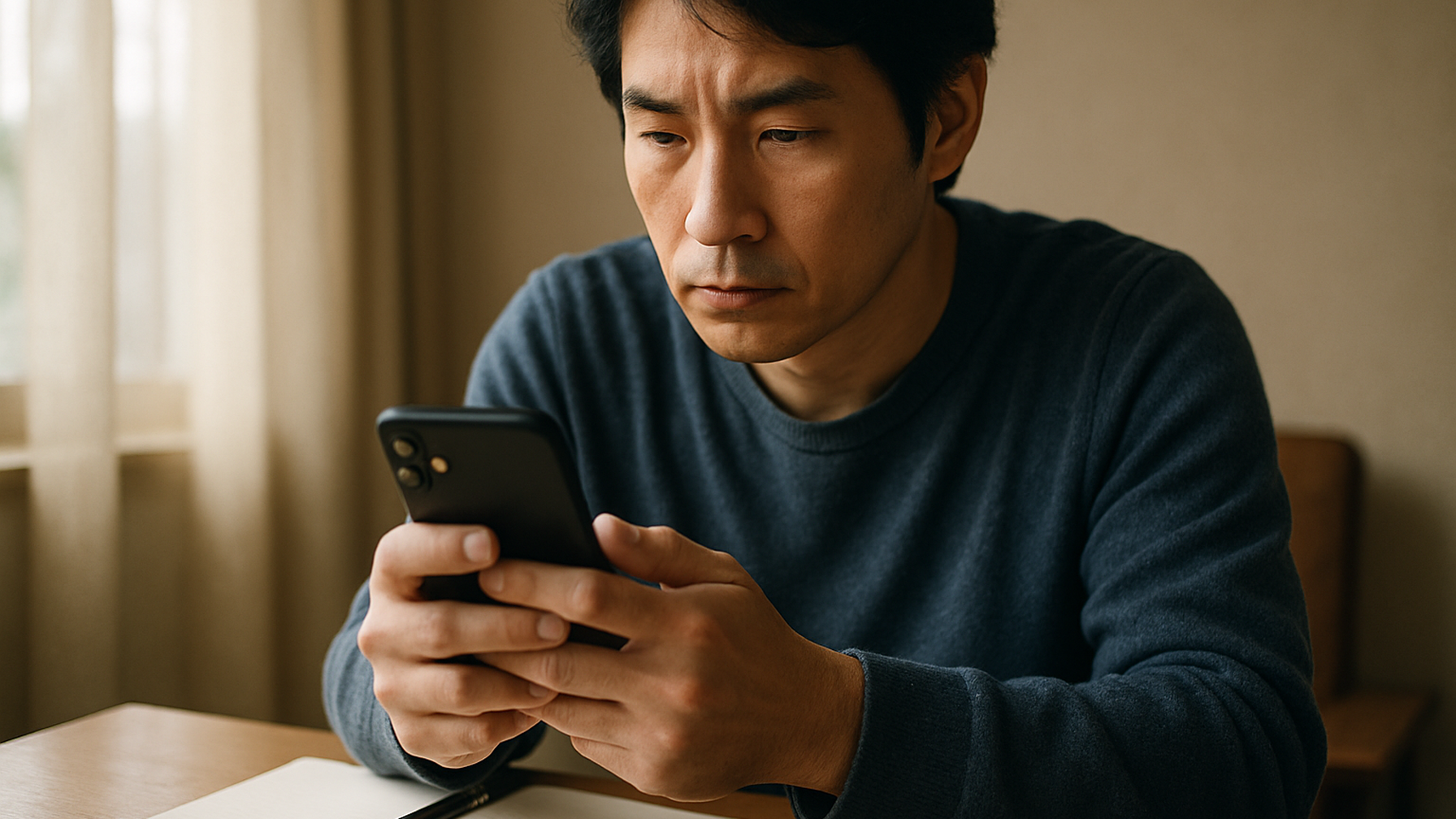 スマホを手に思い悩む人物——証拠収集の方法を調べる場面