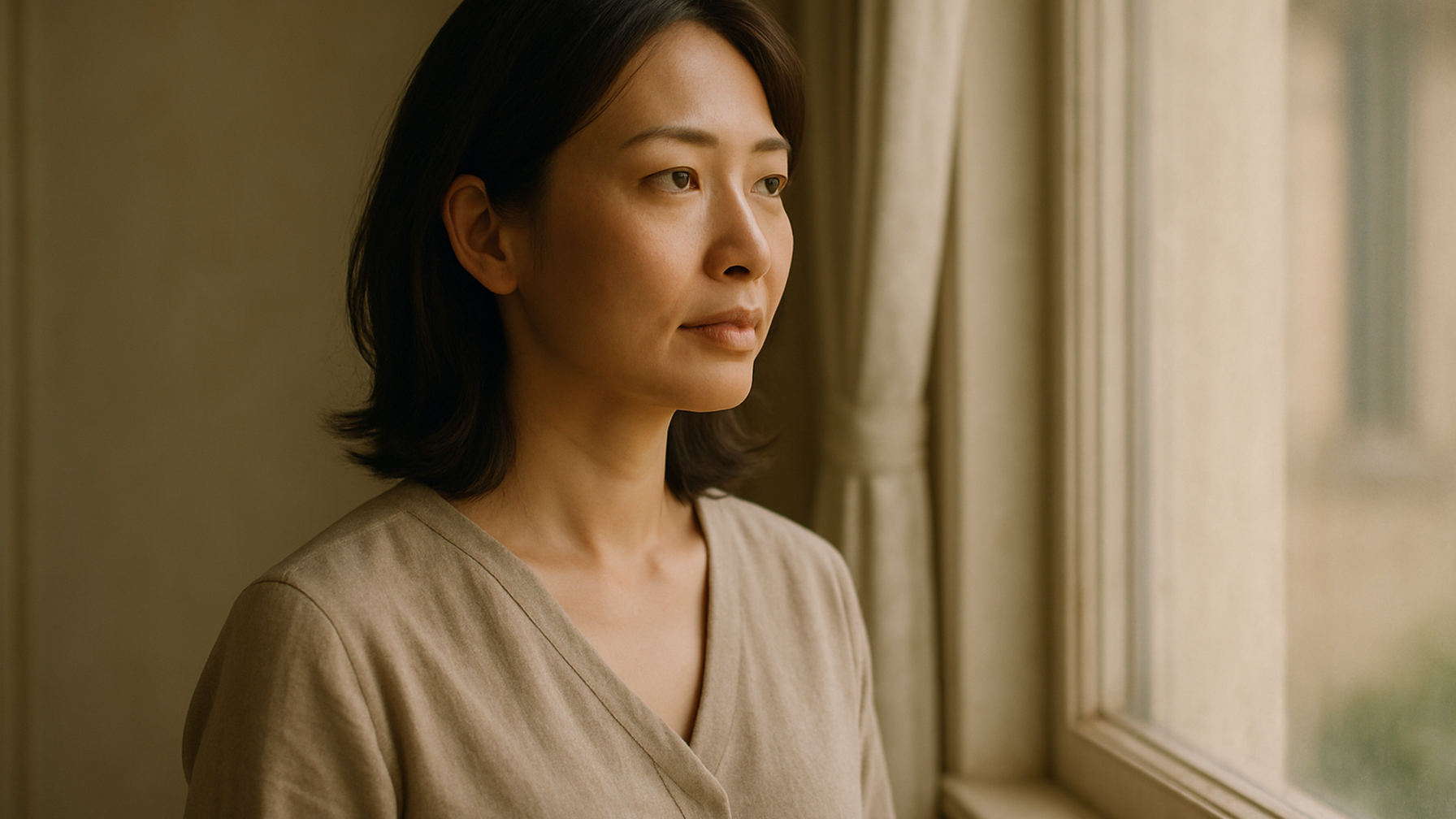 窓の外を見つめる女性——決断を終えた静かな覚悟と前向きな一歩