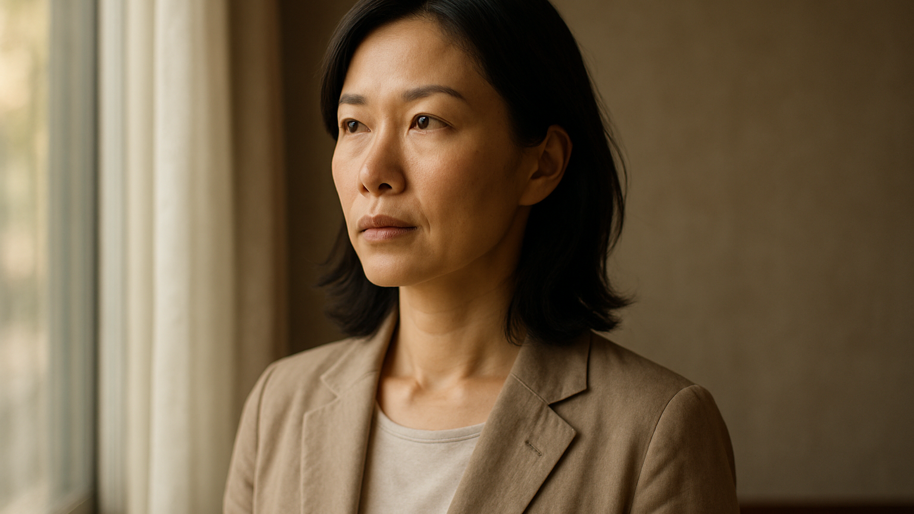 窓の外を見つめる女性——決断を終えた静かな覚悟と前向きな一歩