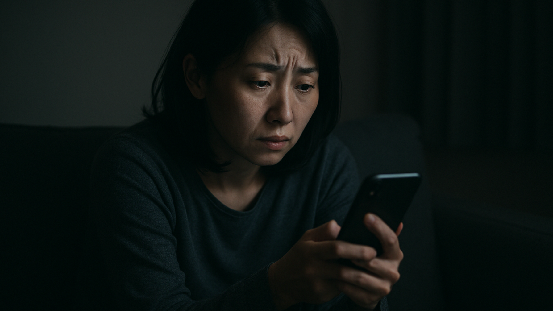 夫の浮気を疑い夜にソファで一人スマホを見つめる女性のイメージ