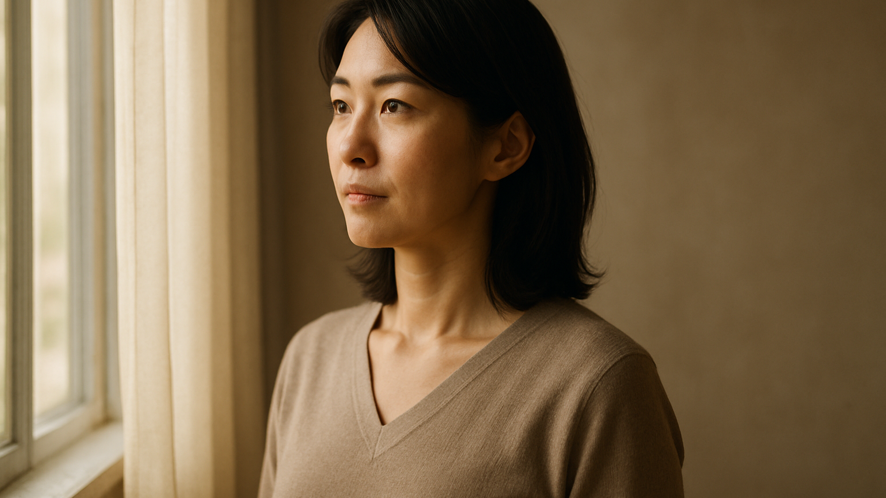 窓の外を見つめる女性——決断を終えた静かな覚悟と前向きな一歩