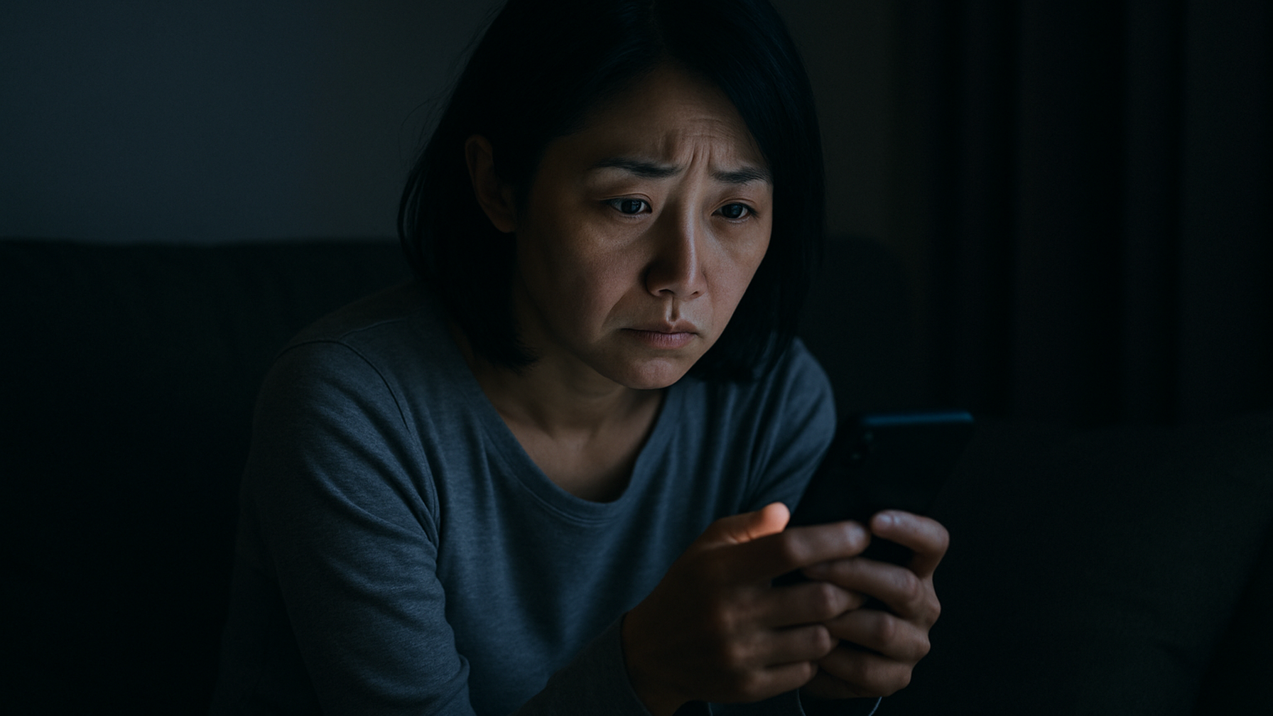 夜にソファで一人スマホを見つめる女性——浮気疑惑の孤独な不安