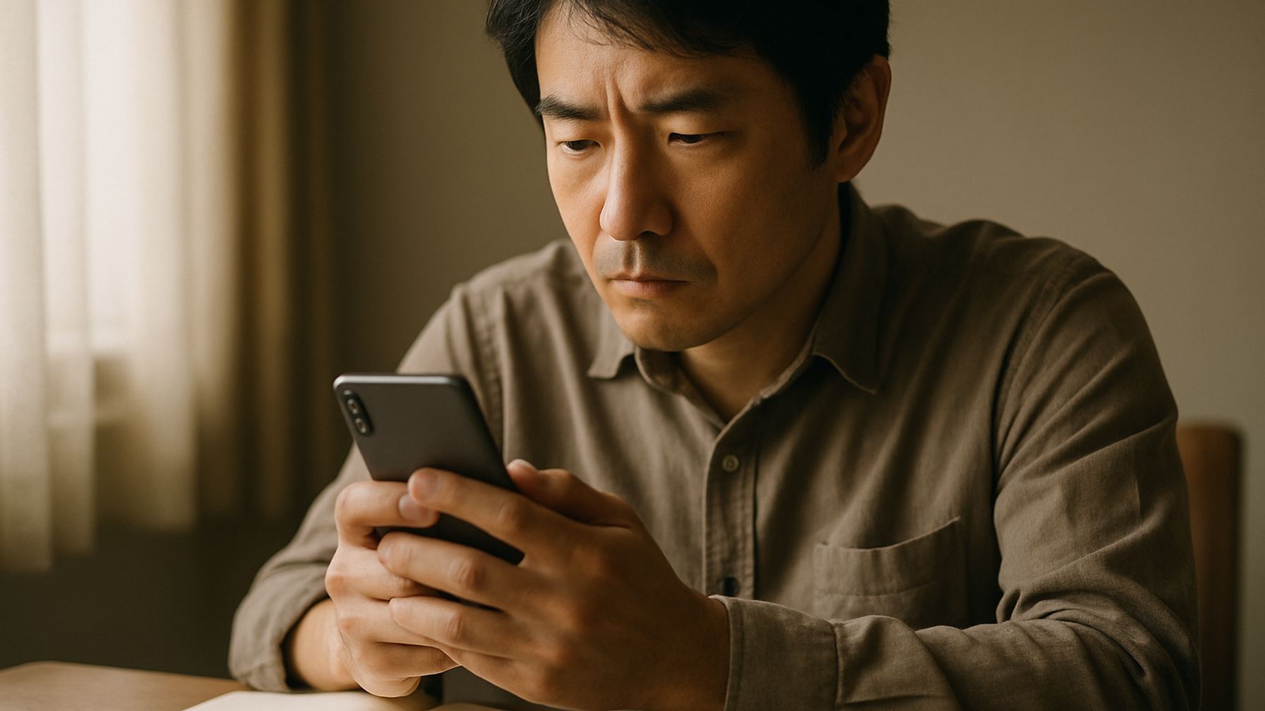 スマホを手に思い悩む人物——証拠収集の方法を調べる場面