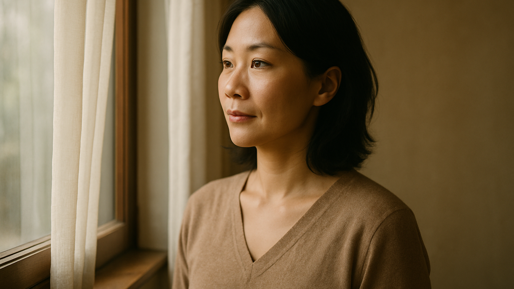 窓の外を見つめる女性——決断を終えた静かな覚悟と前向きな一歩