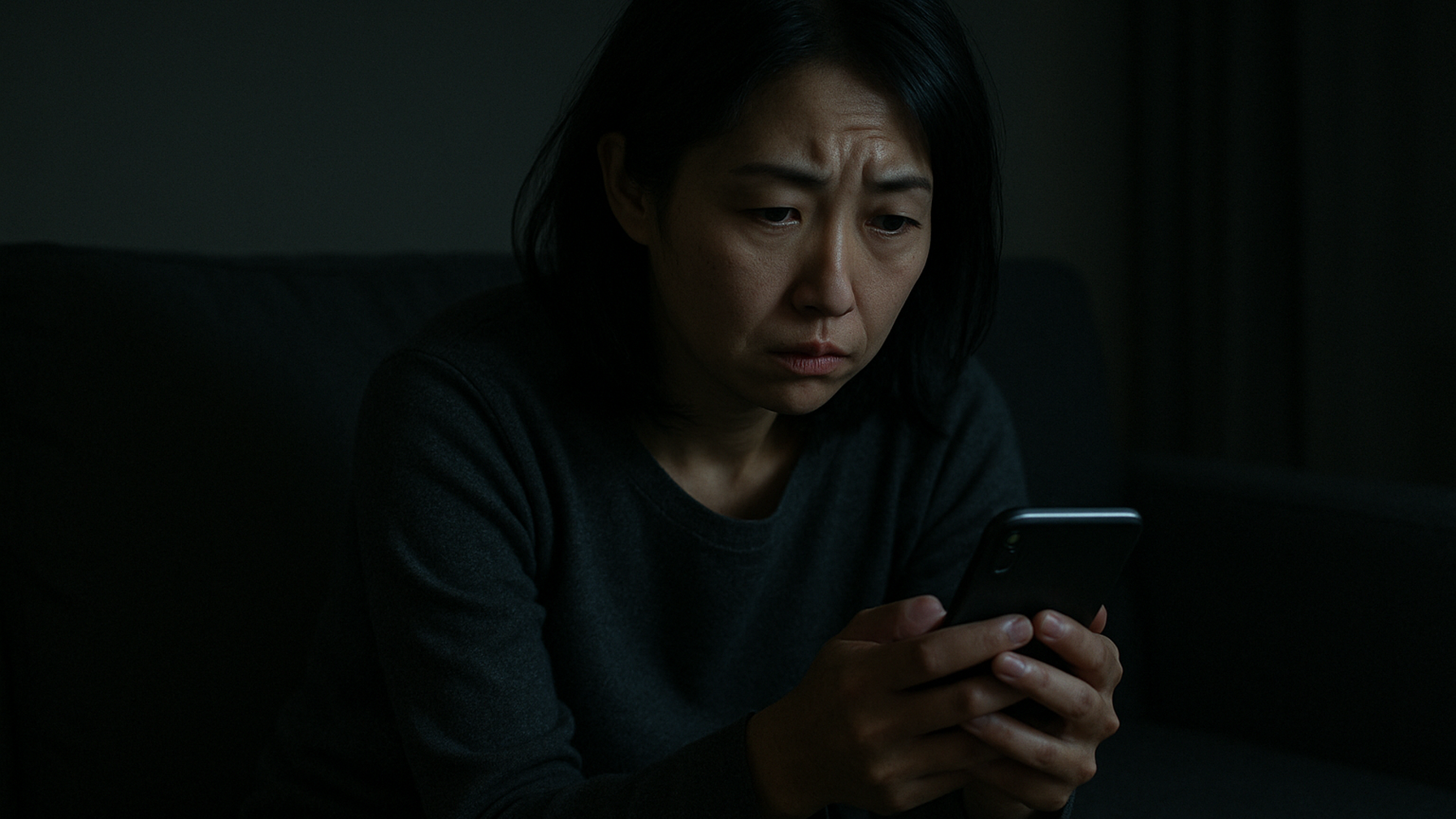 夜にソファで一人スマホを見つめる女性——浮気疑惑の孤独な不安