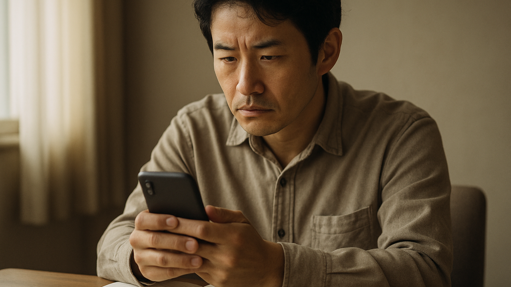 スマホを手に思い悩む人物——証拠収集の方法を調べる場面