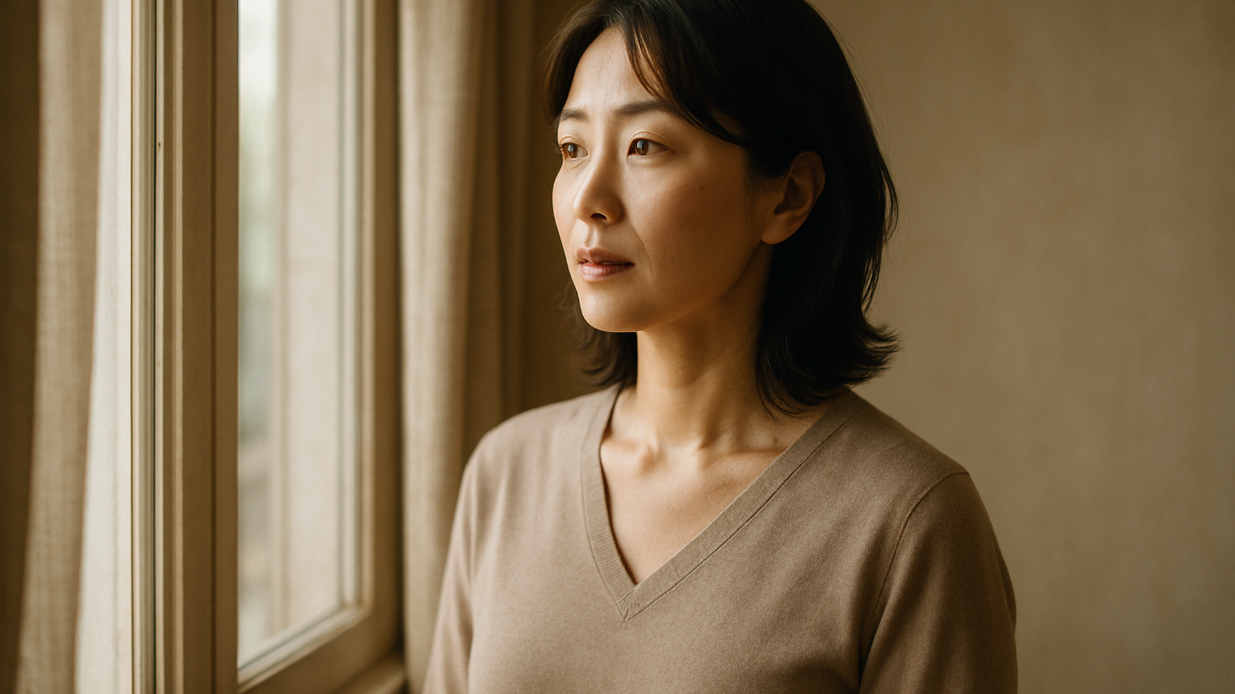 窓の外を見つめる女性——決断を終えた静かな覚悟と前向きな一歩