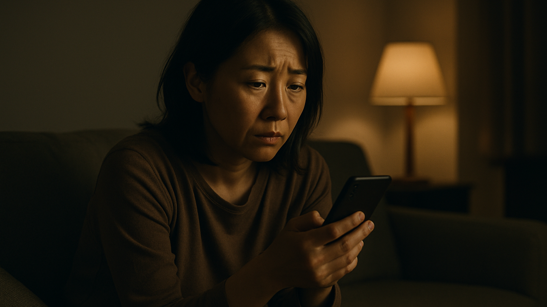 出張中のパートナーからの連絡を待ちながら夜に一人でスマホを見つめる女性のイメージ