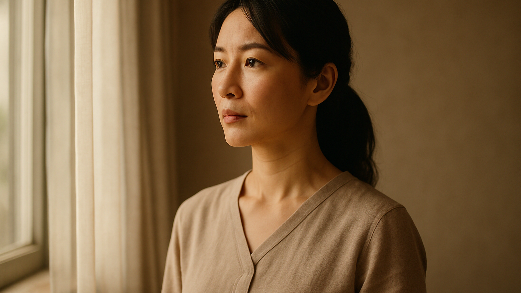 窓の外を見つめる女性——決断を終えた静かな覚悟と前向きな一歩