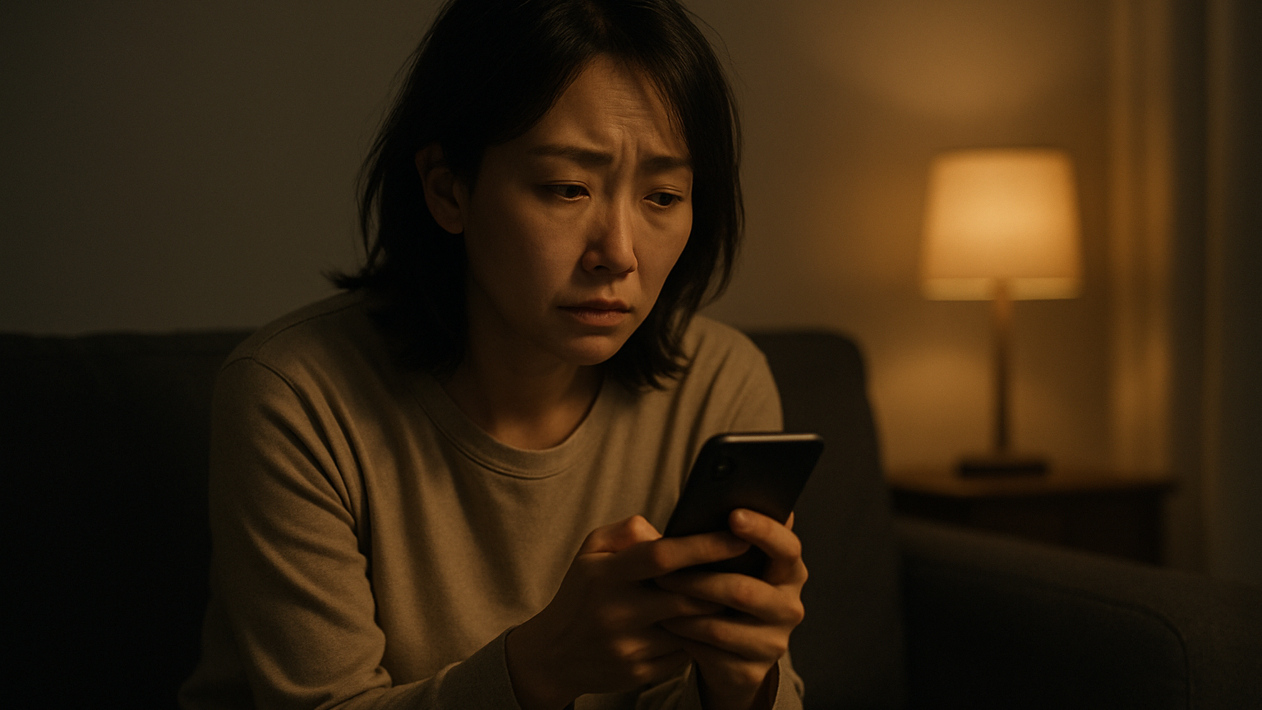 出張中のパートナーからの連絡を待ちながら夜に一人でスマホを見つめる女性のイメージ
