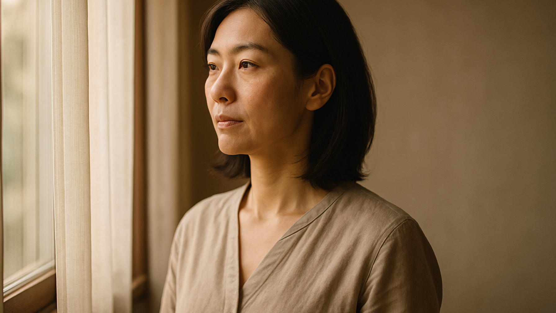 窓の外を見つめる女性——決断を終えた静かな覚悟と前向きな一歩