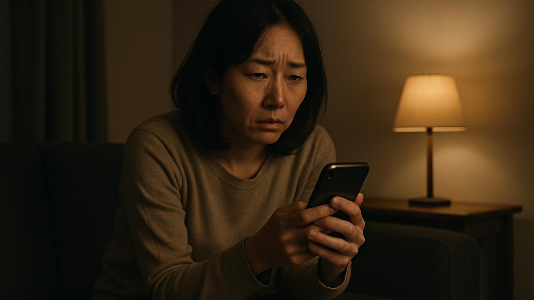 出張中のパートナーからの連絡を待ちながら夜に一人でスマホを見つめる女性のイメージ