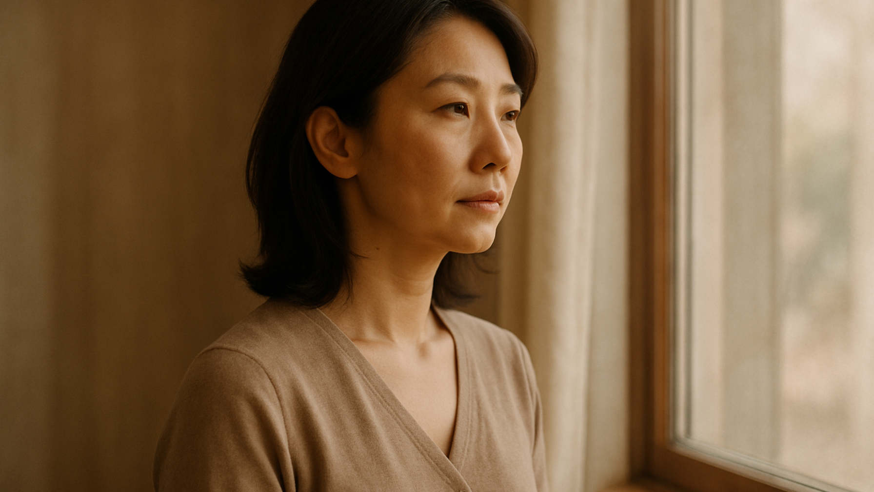 窓の外を見つめる女性——決断を終えた静かな覚悟と前向きな一歩