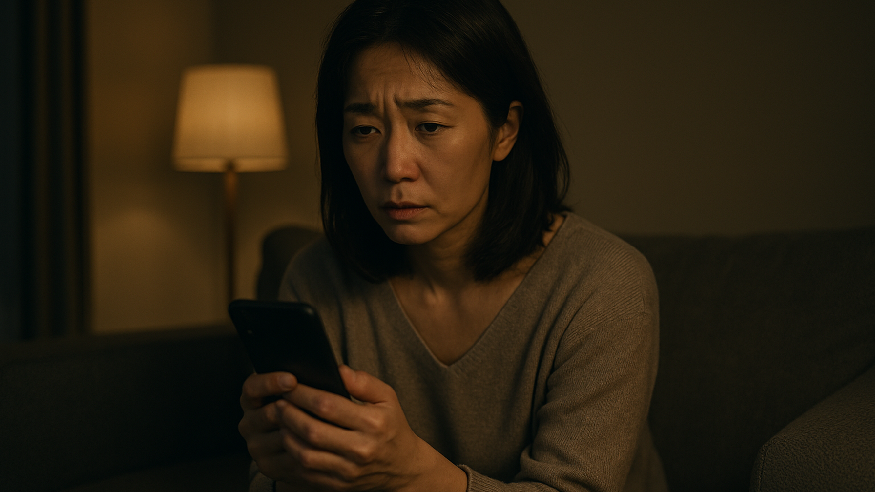 出張中のパートナーからの連絡を待ちながら夜に一人でスマホを見つめる女性のイメージ