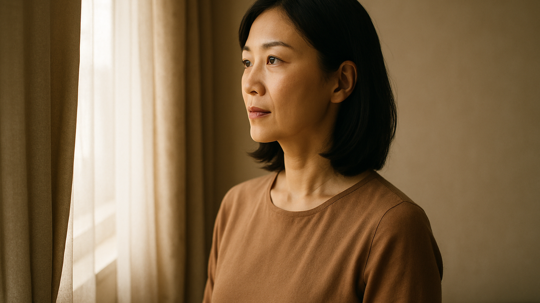 窓の外を見つめる女性——決断を終えた静かな覚悟と前向きな一歩