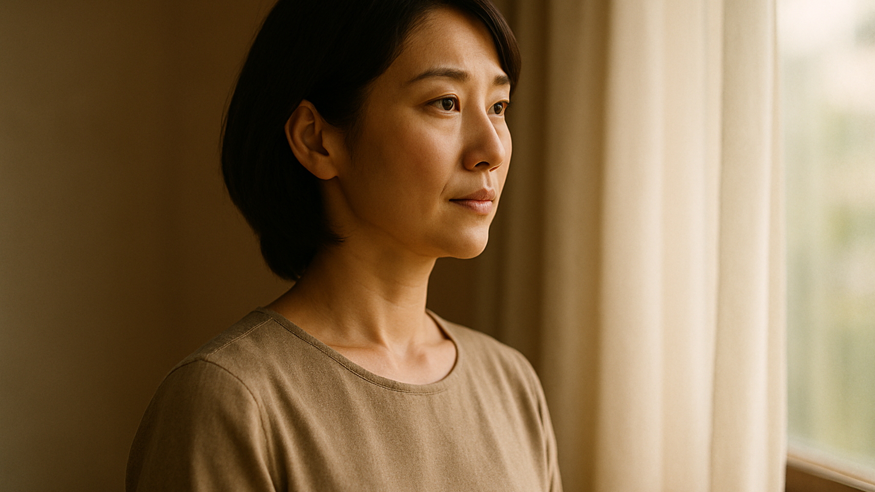 窓の外を見つめる女性——決断を終えた静かな覚悟と前向きな一歩
