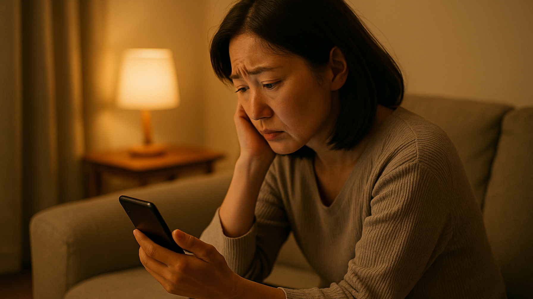 パートナーの浮気を疑い一人スマホを見つめる女性のイメージ