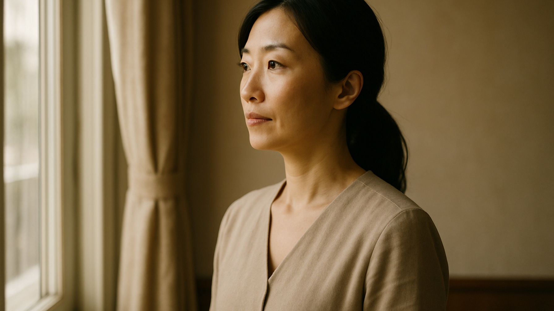 窓の外を見つめる女性——決断を終えた静かな覚悟と前向きな一歩