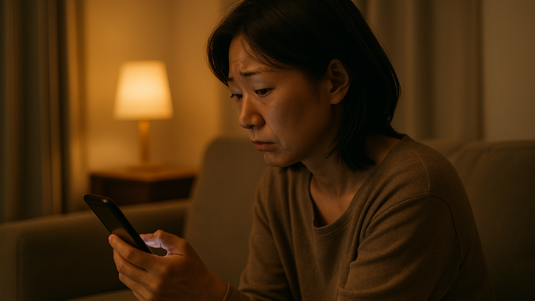 パートナーの浮気を疑い一人スマホを見つめる女性のイメージ