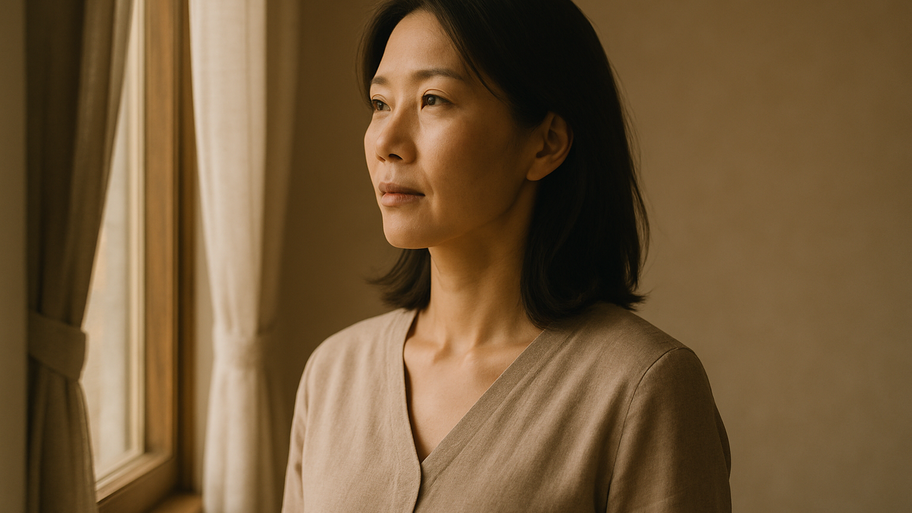 窓の外を見つめる女性——決断を終えた静かな覚悟と前向きな一歩