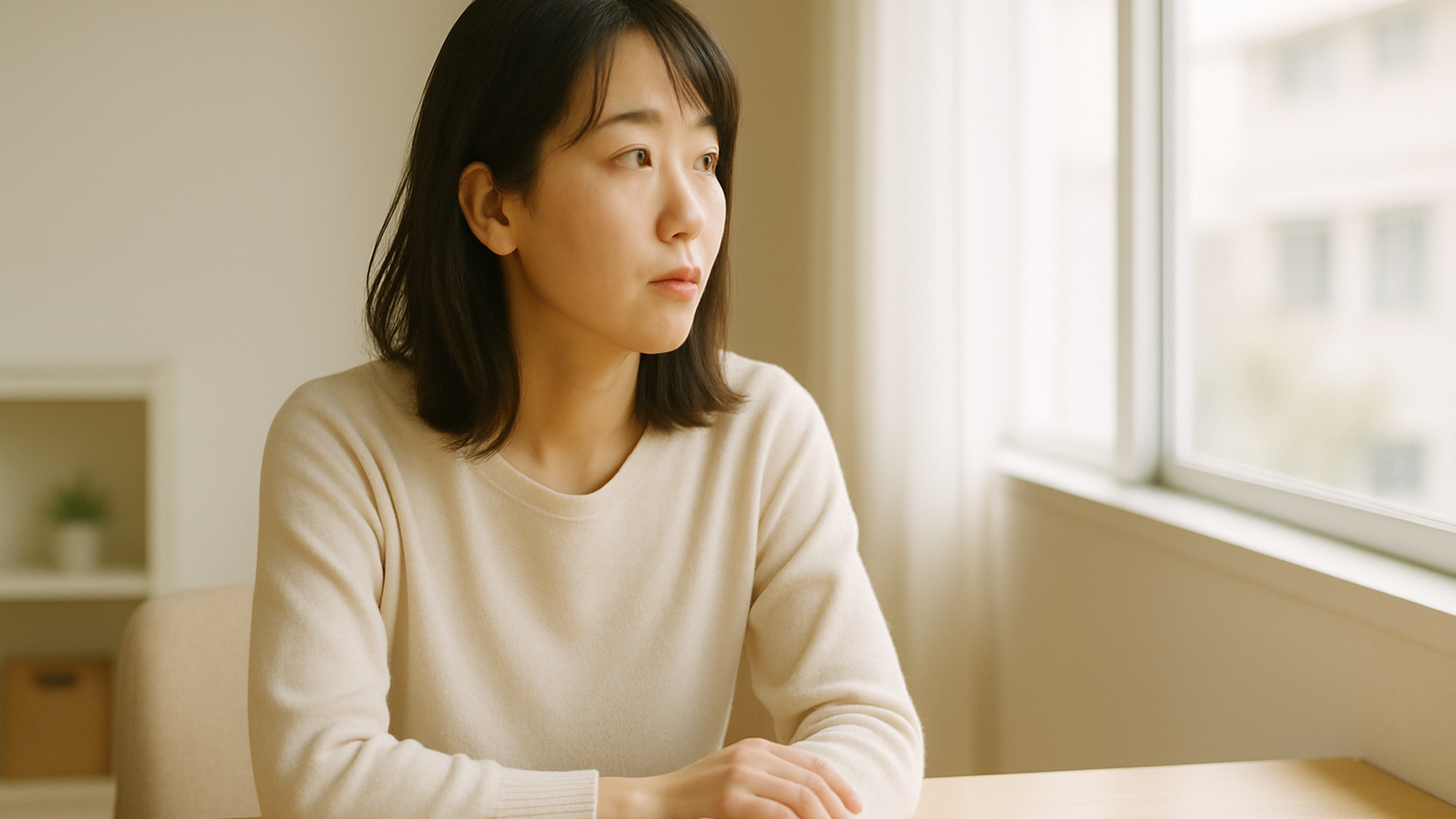 窓の外を見つめる女性——静かな物思いと前向きな一歩