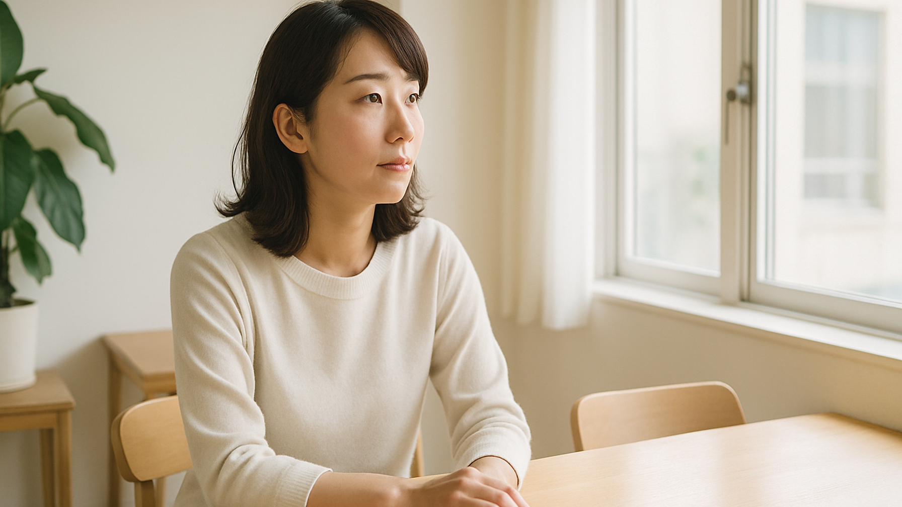 窓の外を見つめる女性——静かな物思いと前向きな一歩