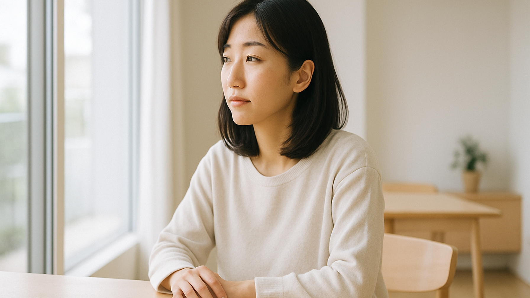 窓の外を見つめる女性——静かな物思いと前向きな一歩