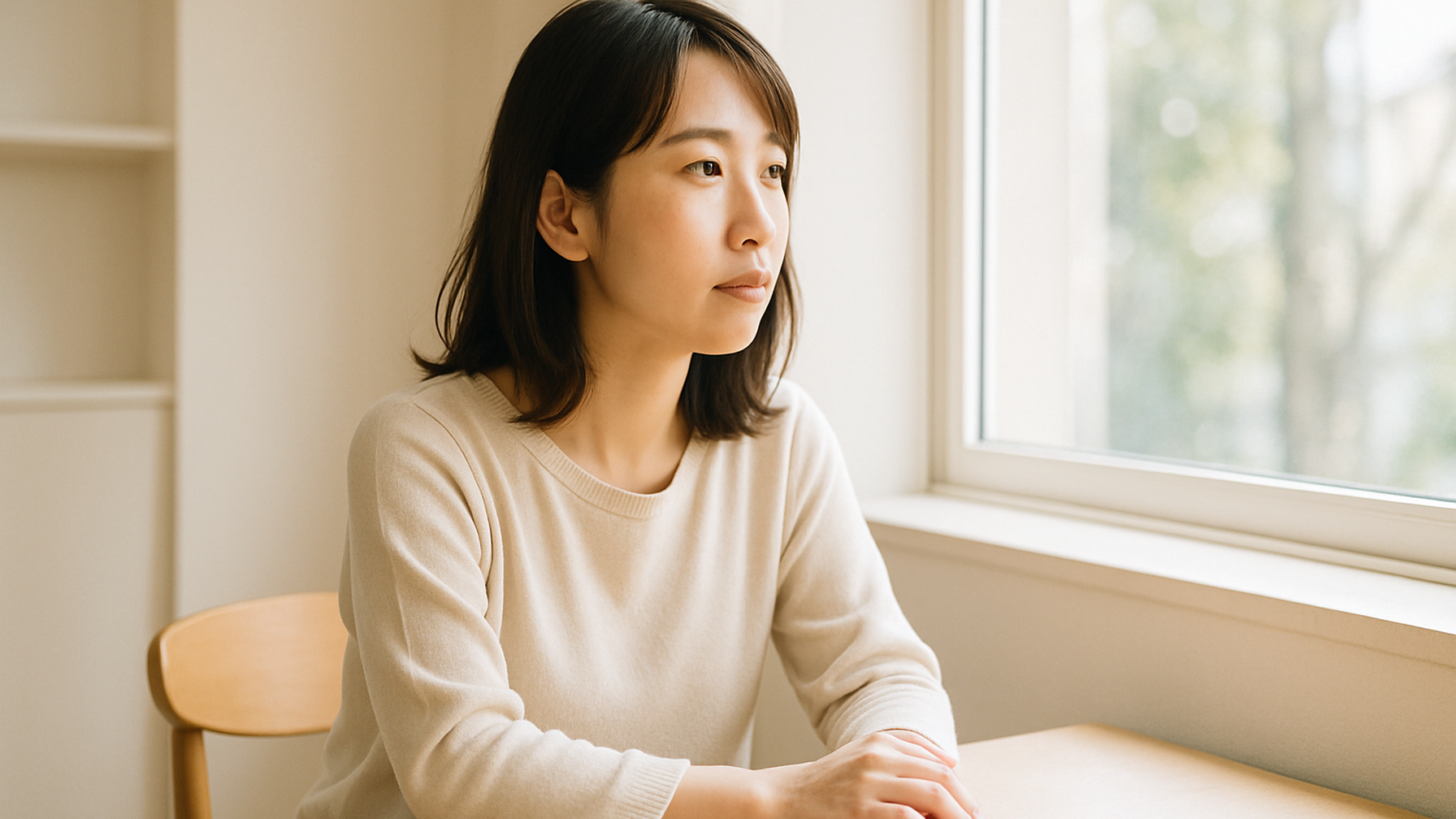 窓の外を見つめる女性——静かな物思いと前向きな一歩