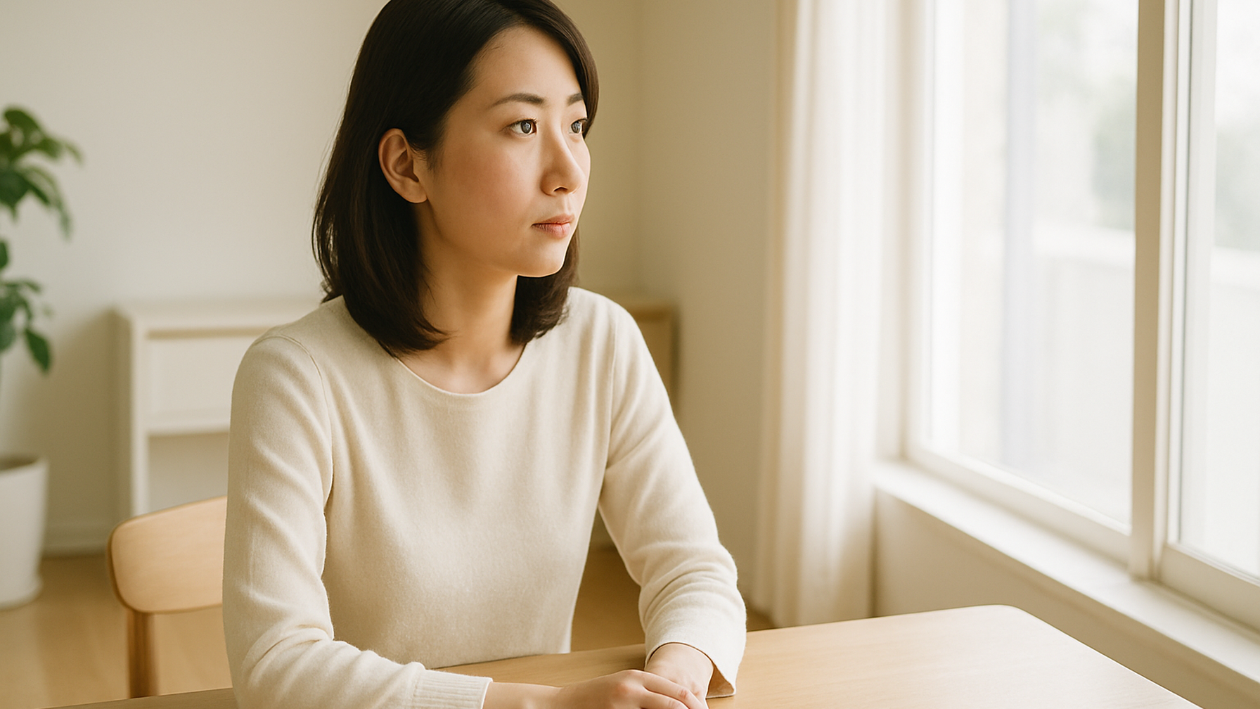 窓の外を見つめる女性——静かな物思いと前向きな一歩