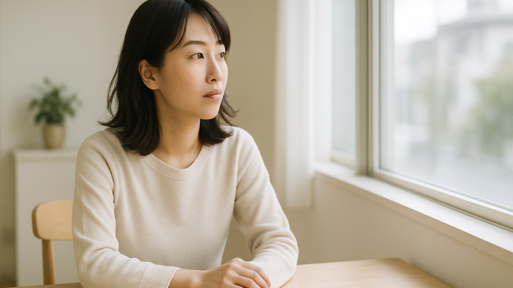 窓の外を見つめる女性——静かな物思いと前向きな一歩
