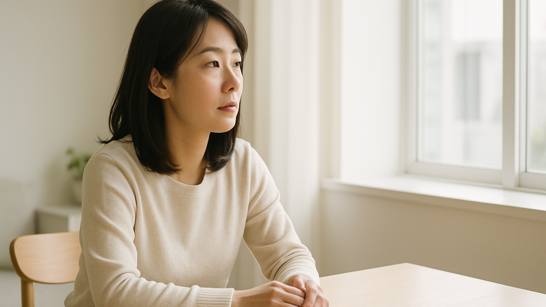 窓の外を見つめる女性——静かな物思いと前向きな一歩