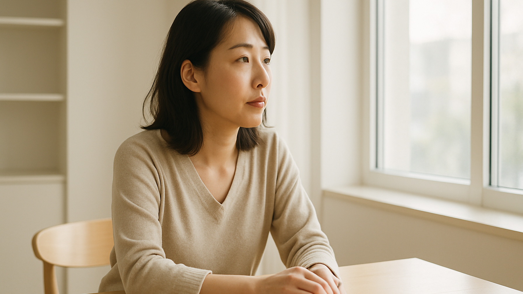 窓の外を見つめる女性——静かな物思いと前向きな一歩