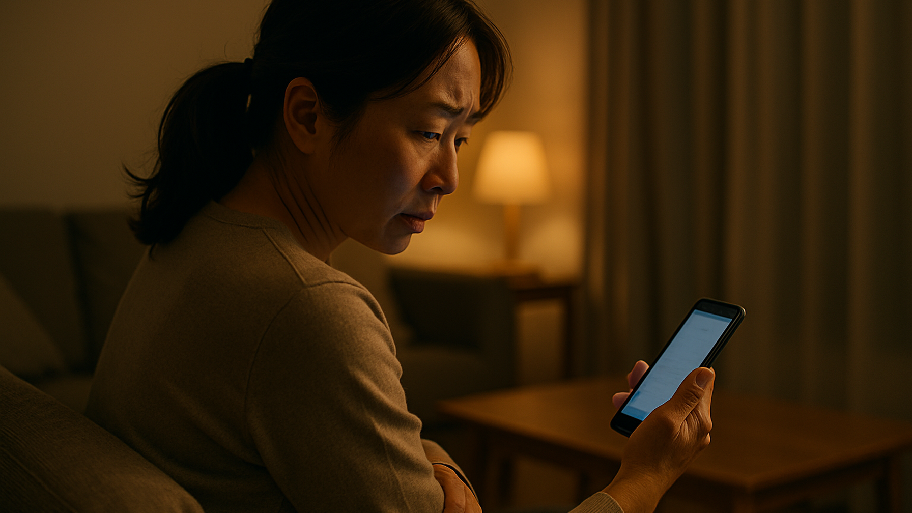 パートナーの浮気を疑い一人スマホを見つめる女性のイメージ
