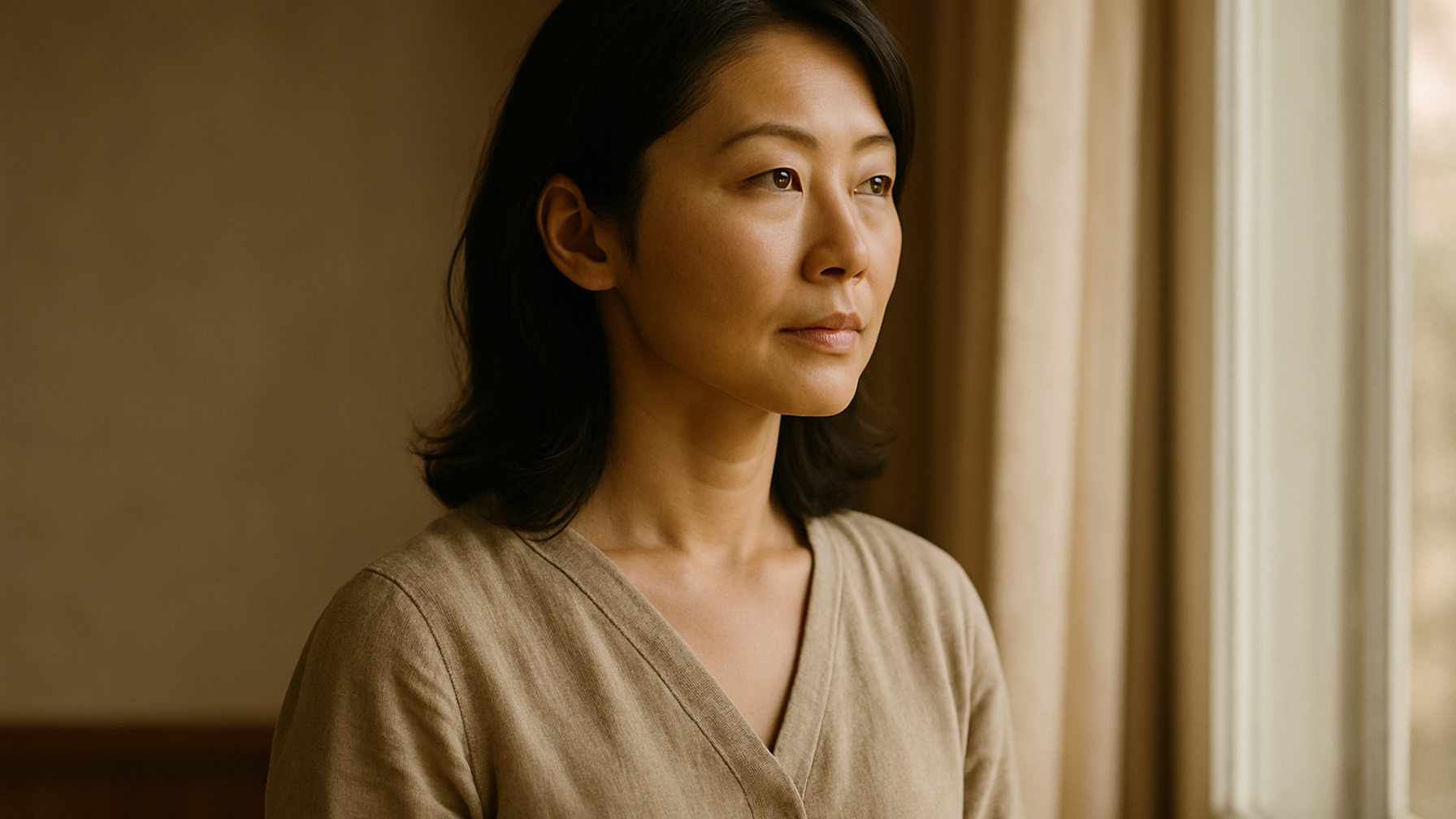 窓の外を見つめる女性——決断を終えた静かな覚悟と前向きな一歩