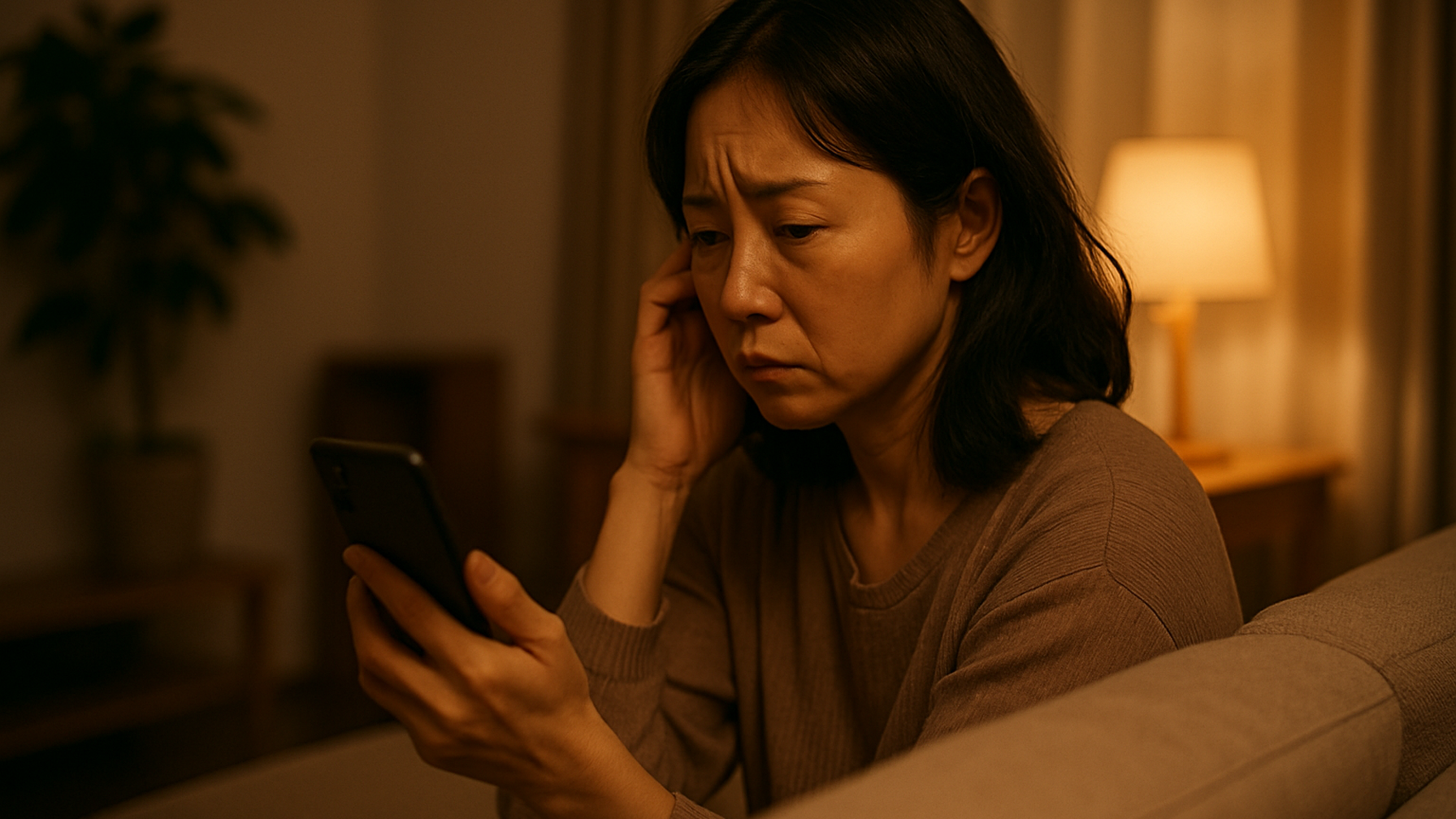 パートナーの浮気を疑い一人スマホを見つめる女性のイメージ