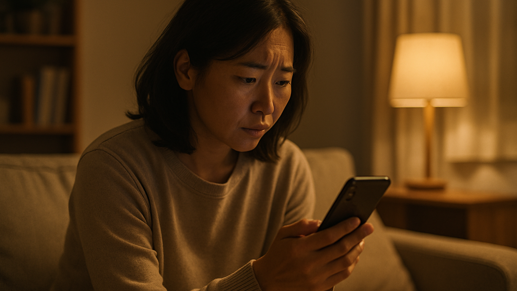 パートナーの浮気を疑い一人スマホを見つめる女性のイメージ