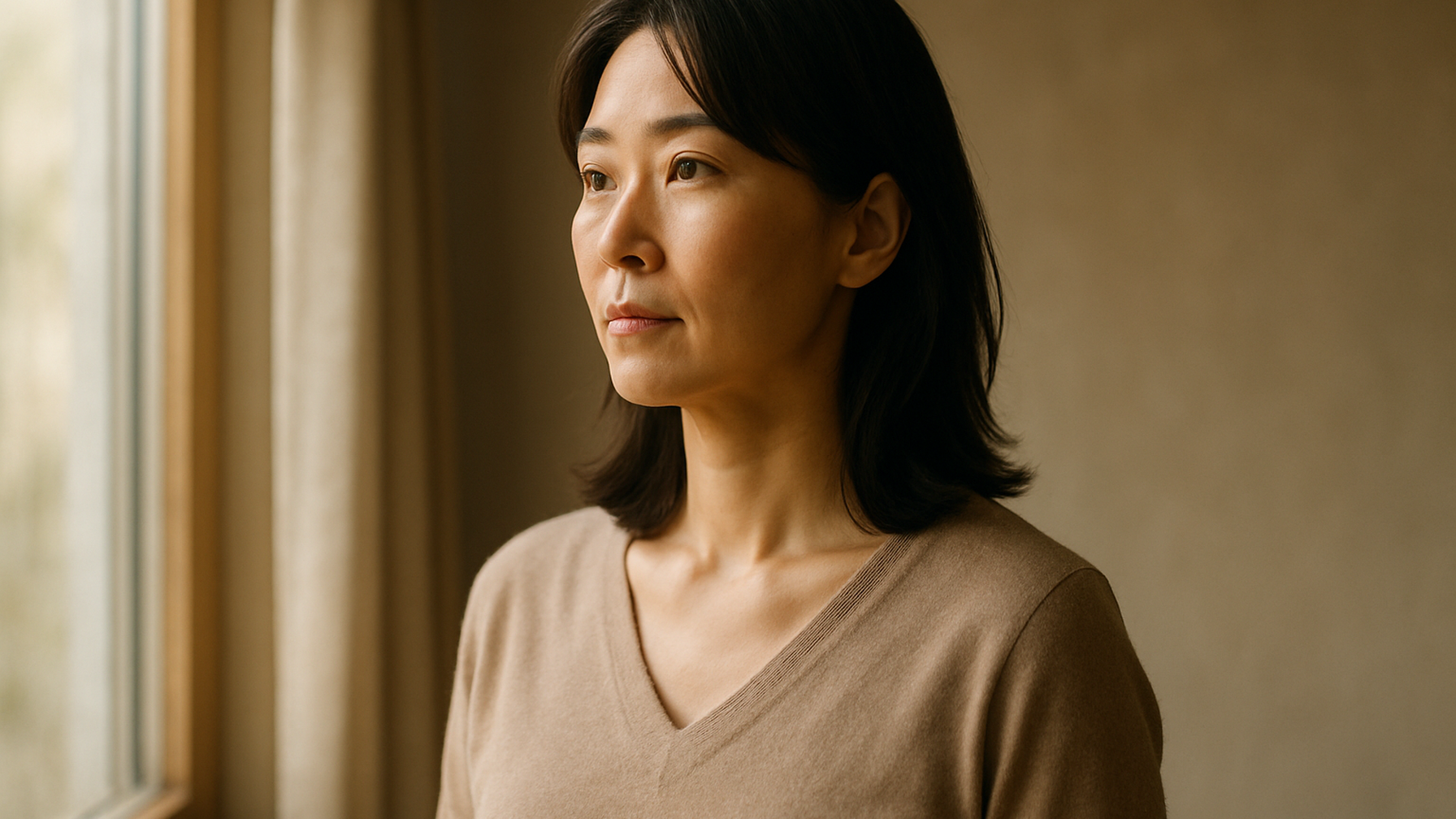 窓の外を見つめる女性——決断を終えた静かな覚悟と前向きな一歩