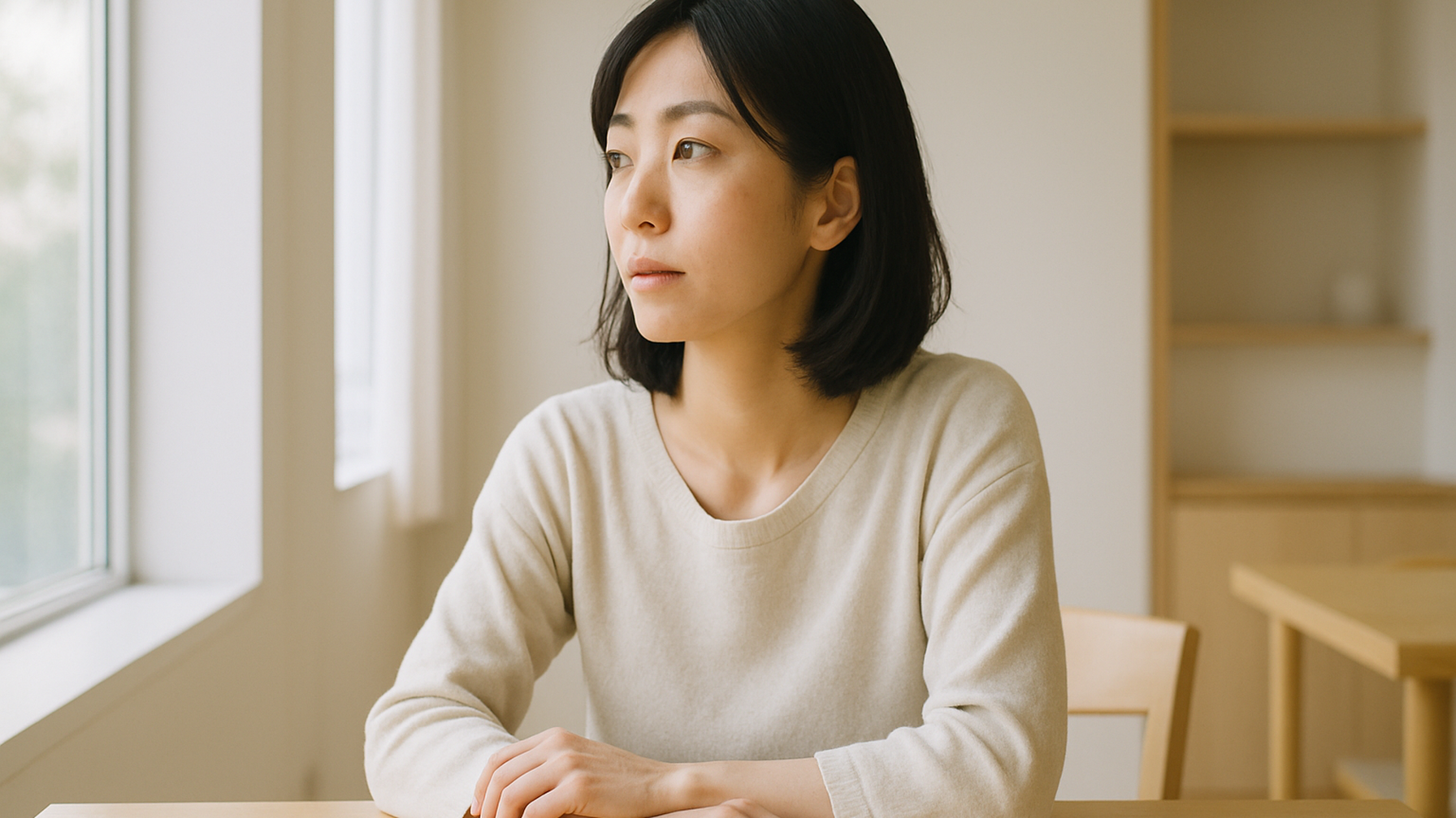 窓の外を見つめる女性——静かな物思いと前向きな一歩
